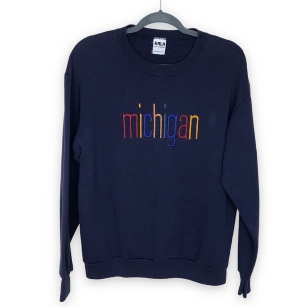Vintage HRLA Los Angeles Michigan Spell Out Navy Embroidered Sweatshirt Large